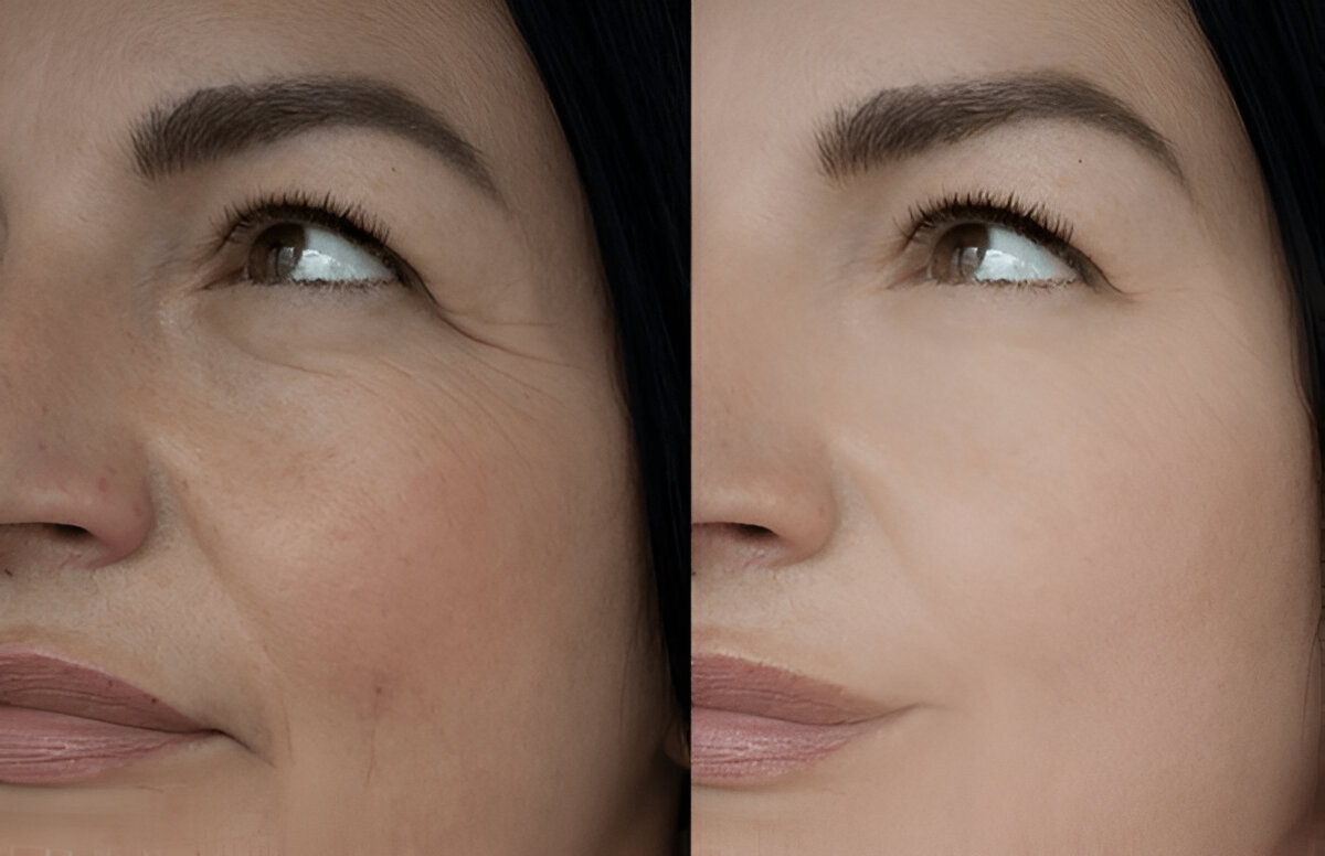 Visible transformation with reduced wrinkles and smoother skin after cosmetic treatment.