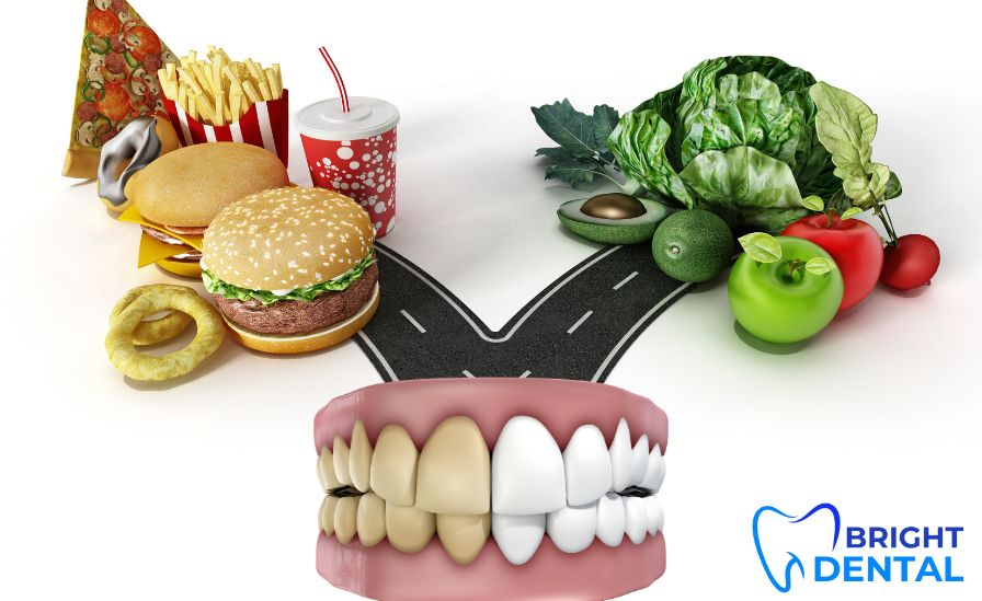 Healthy and unhealthy foods affecting teeth and gums, a frequent daily oral hygiene mistake