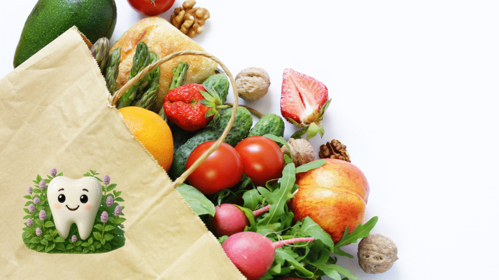 Healthy foods like fruits, vegetables, and dairy products that support Tooth decay Prevention