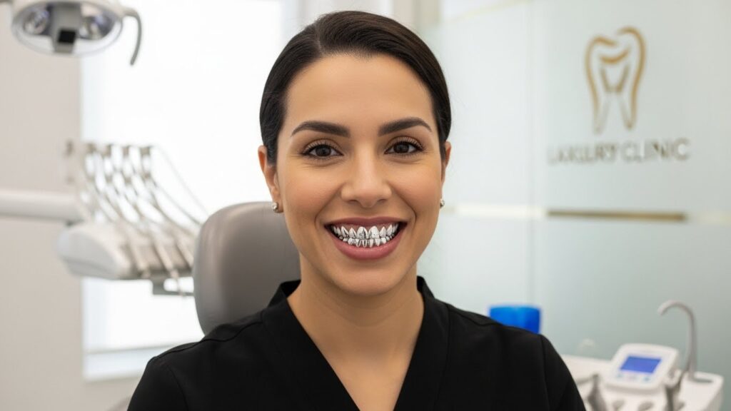 Custom permanent diamond grillz professionally fitted at Bright Dental in Des Plaines, IL.