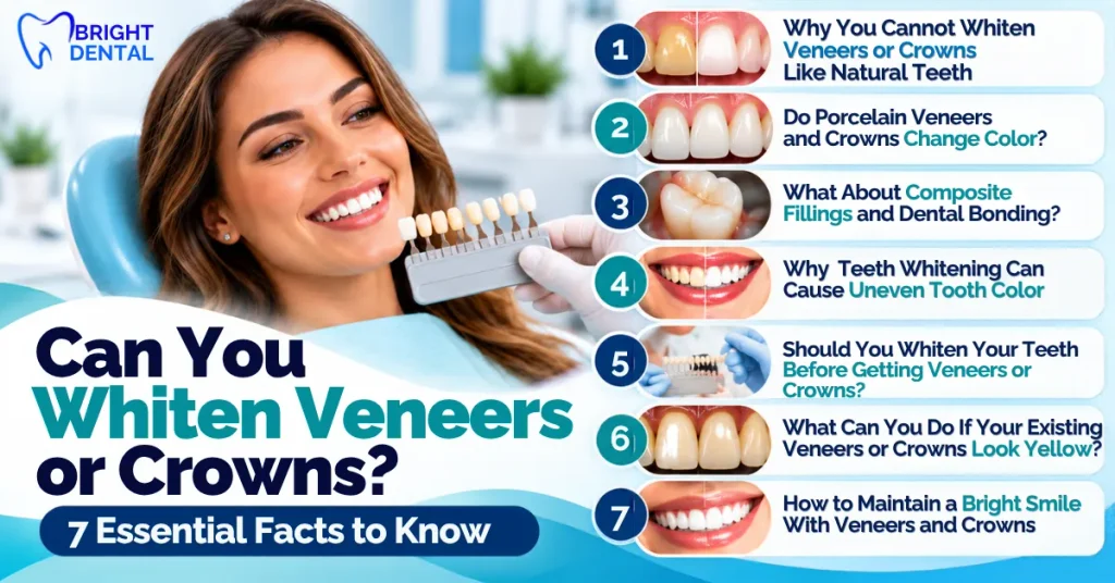 Can you whiten veneers or crowns? Infographic showing 7 essential facts about teeth whitening, porcelain veneers, dental crowns, and maintaining a bright smile.