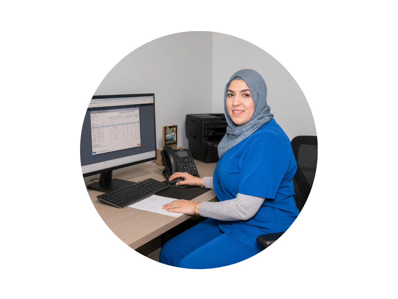 Fouzia, Clinical Director and internationally trained dentist, working at a clinic workstation during advanced clinical training