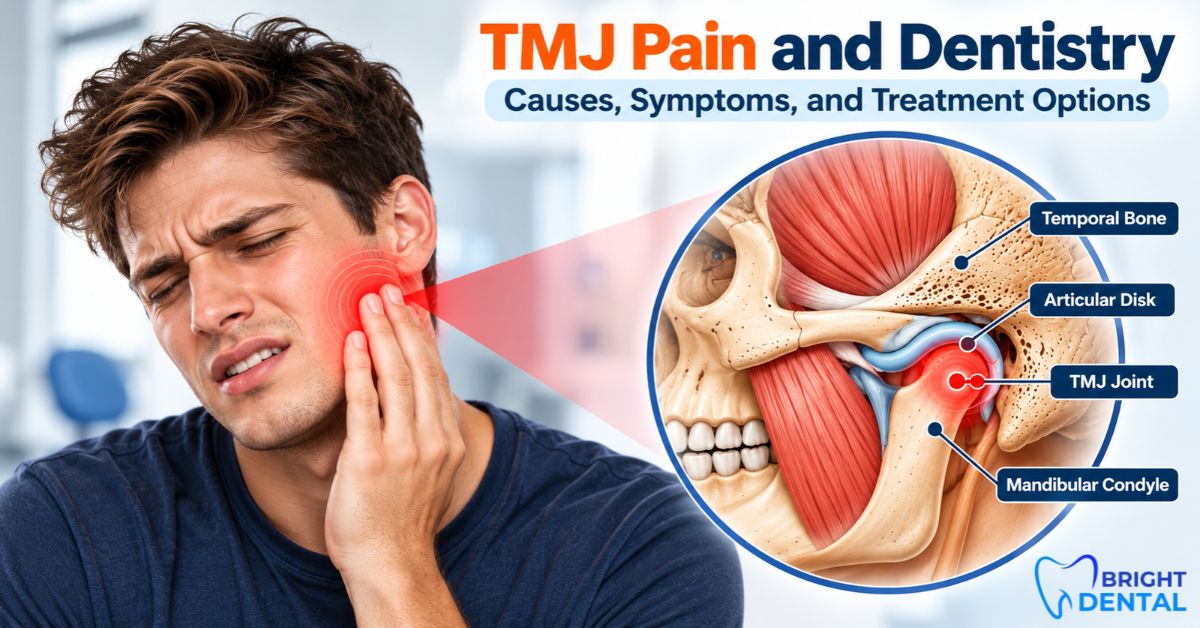 TMJ pain and dentistry featured image showing a young man experiencing jaw pain alongside a detailed TMJ anatomy illustration highlighting the temporal bone, articular disc, TMJ joint, and mandibular condyle.