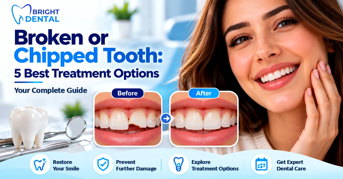 Smiling woman with a before and after comparison of a chipped tooth repaired, showing 5 treatment options for a broken or chipped tooth