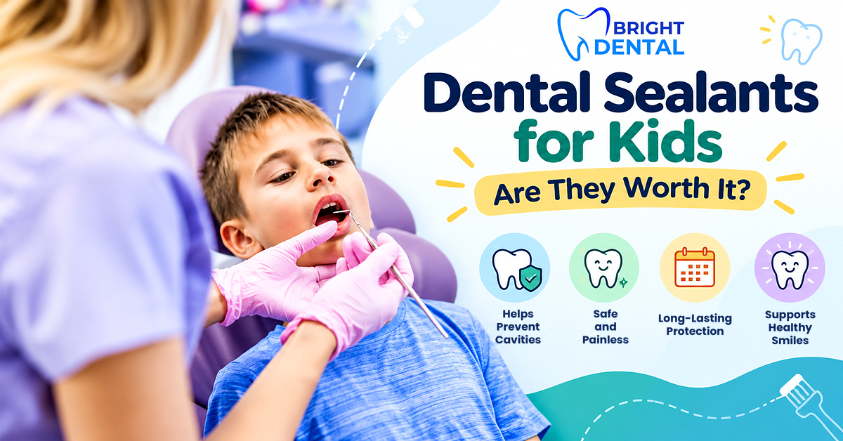Child sitting in a dental chair while a hygienist in pink gloves examines his teeth, with the title “Dental Sealants for Kids: Are They Worth It?”