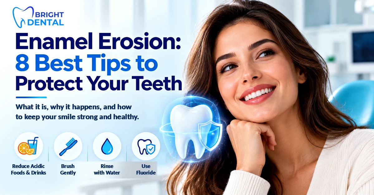 Smiling woman with a glowing protected tooth, showing tips to prevent enamel erosion: reduce acidic foods and drinks, brush gently, rinse with water, and use fluoride