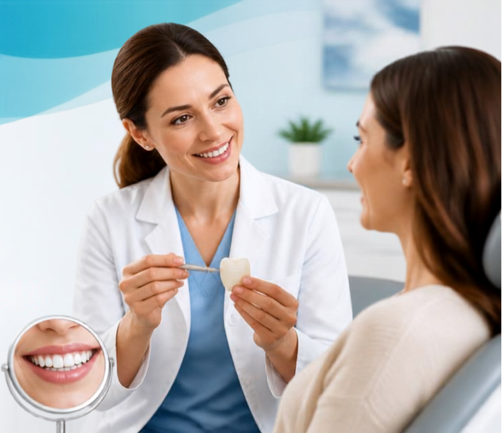 Dentist comparing shade of whitened natural teeth to porcelain veneers and crowns at Bright Dental
