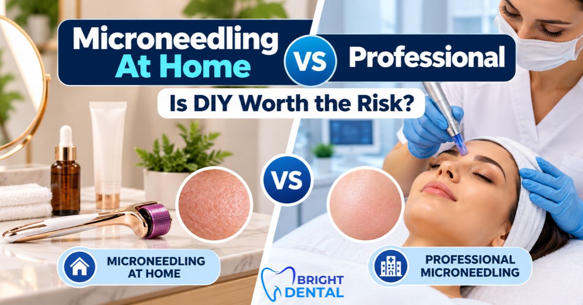 Microneedling at home vs professional comparison showing a DIY dermaroller and skincare products alongside a professional microneedling treatment performed by a skincare specialist.