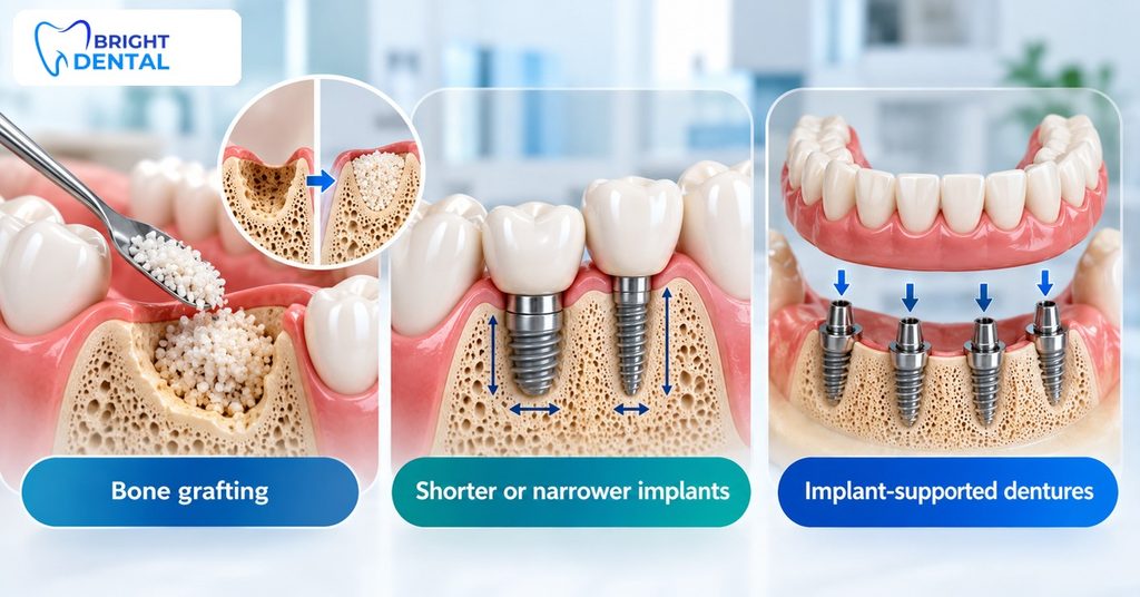 Dental implants after dentures showing bone grafting, shorter implants, and implant-supported dentures for patients with jawbone loss.