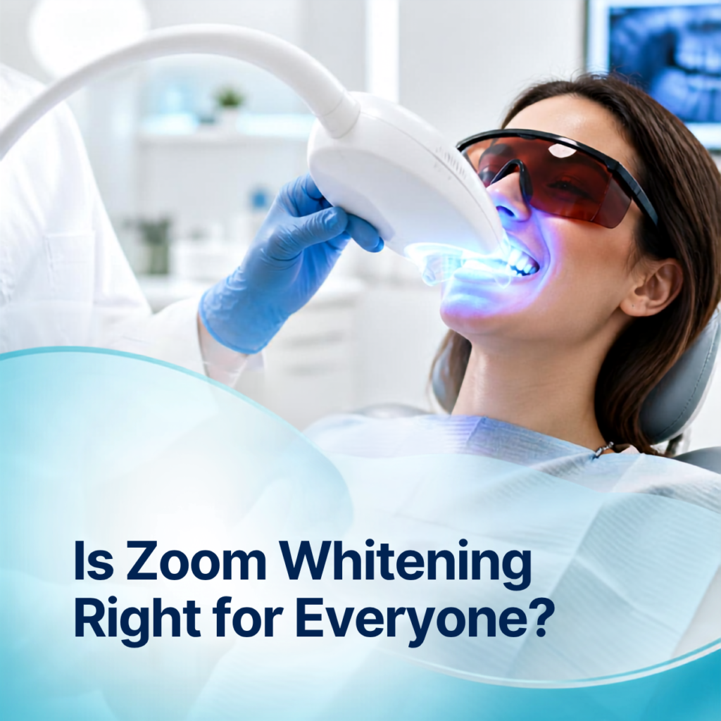 Patient receiving Zoom teeth whitening treatment with LED light at Bright Dental