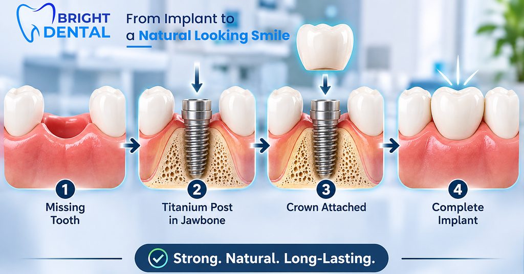 Four-step dental implant process: missing tooth, titanium post in jawbone, crown attached and complete implant
