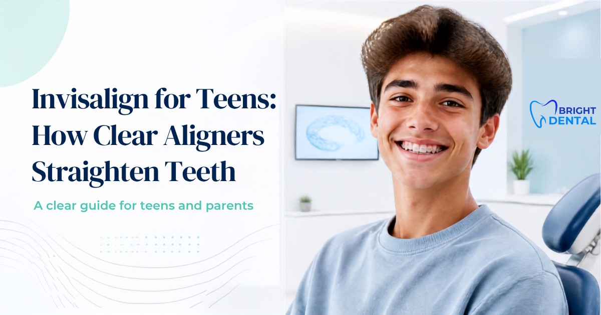 Teenager wearing Invisalign clear aligners as part of teen orthodontic treatment at Bright Dental