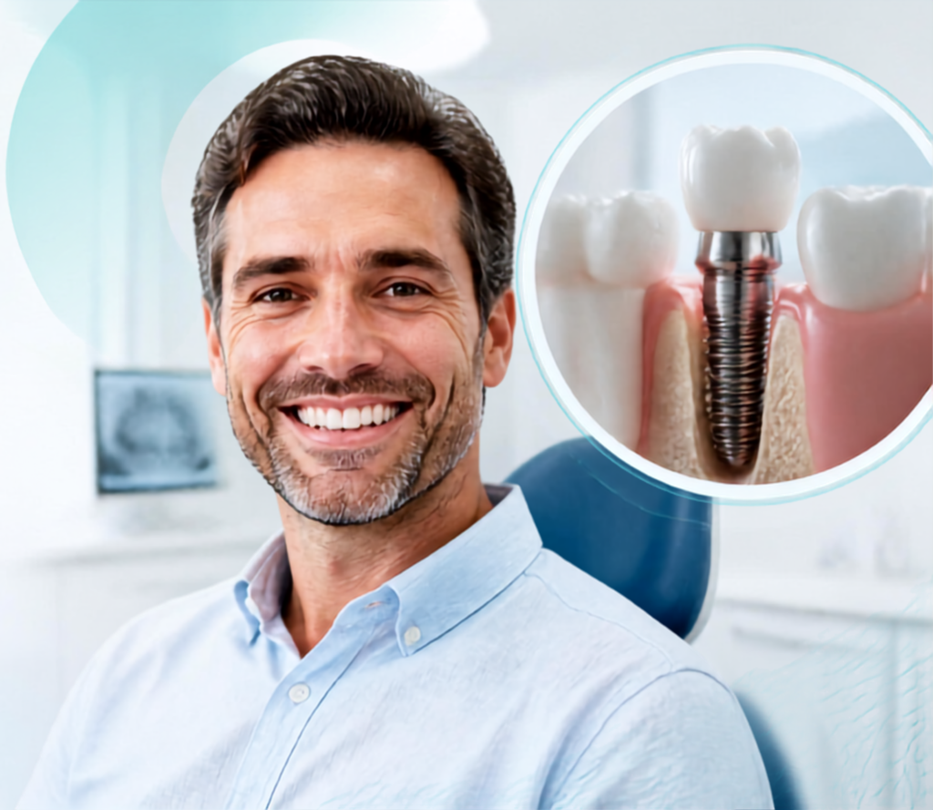 Dentist placing a same-day dental implant immediately after tooth extraction at Bright Dental