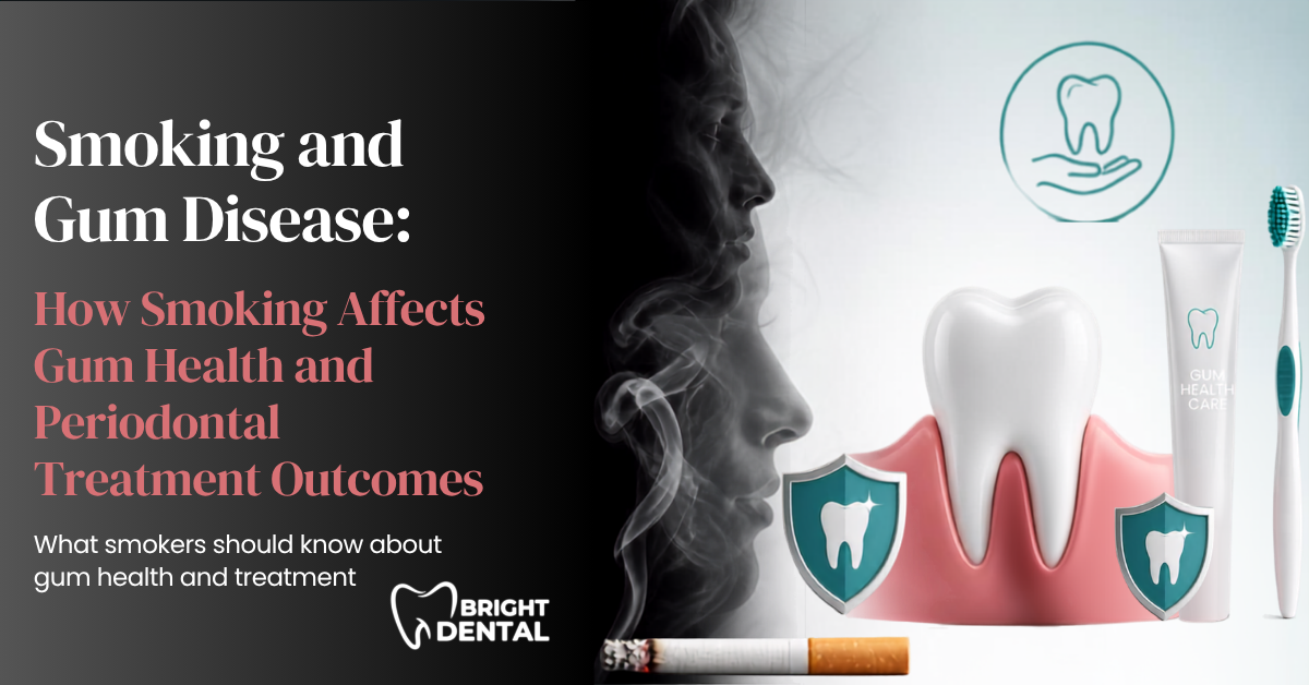 Illustration comparing healthy gums to gum disease affected by smoking