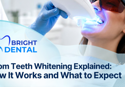 Patient receiving Zoom teeth whitening treatment with LED light at Bright Dental