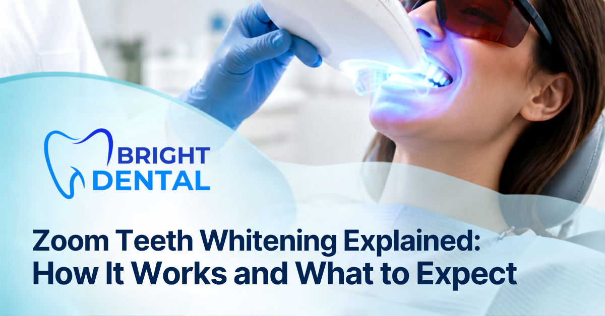 Patient receiving Zoom teeth whitening treatment with LED light at Bright Dental