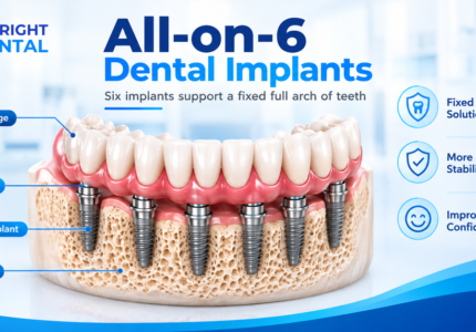 All-on-6 dental implants diagram showing six implants in the jawbone supporting a fixed full arch bridge, with labels for abutment, implant and jawbone
