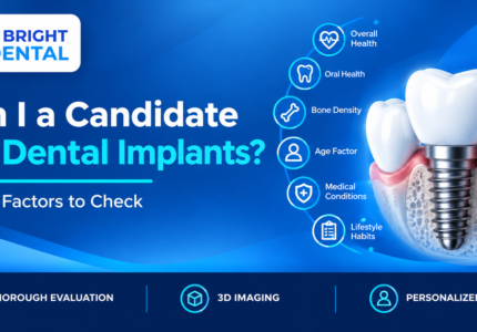 Featured image for “Am I a Candidate for Dental Implants?” showing a dental implant with six factors: overall health, oral health, bone density, age, medical conditions and lifestyle habits