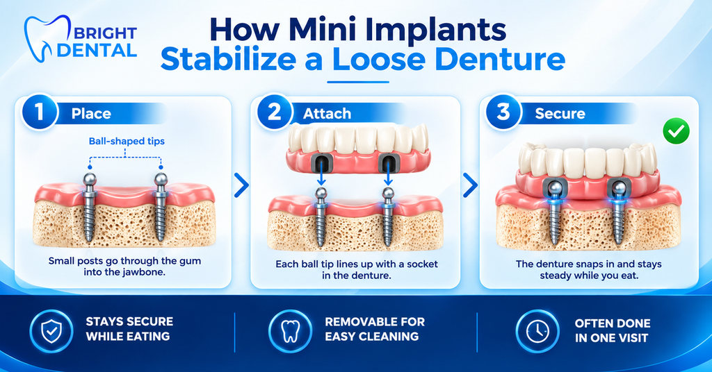Three-step diagram showing mini implants placed in the jaw, a denture lined up with the ball tips, and the denture snapped securely in place